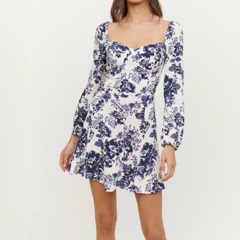 Reformation Mochi Floral Mini Dress Madame Blue And White Long Sleeve Size 0/XS